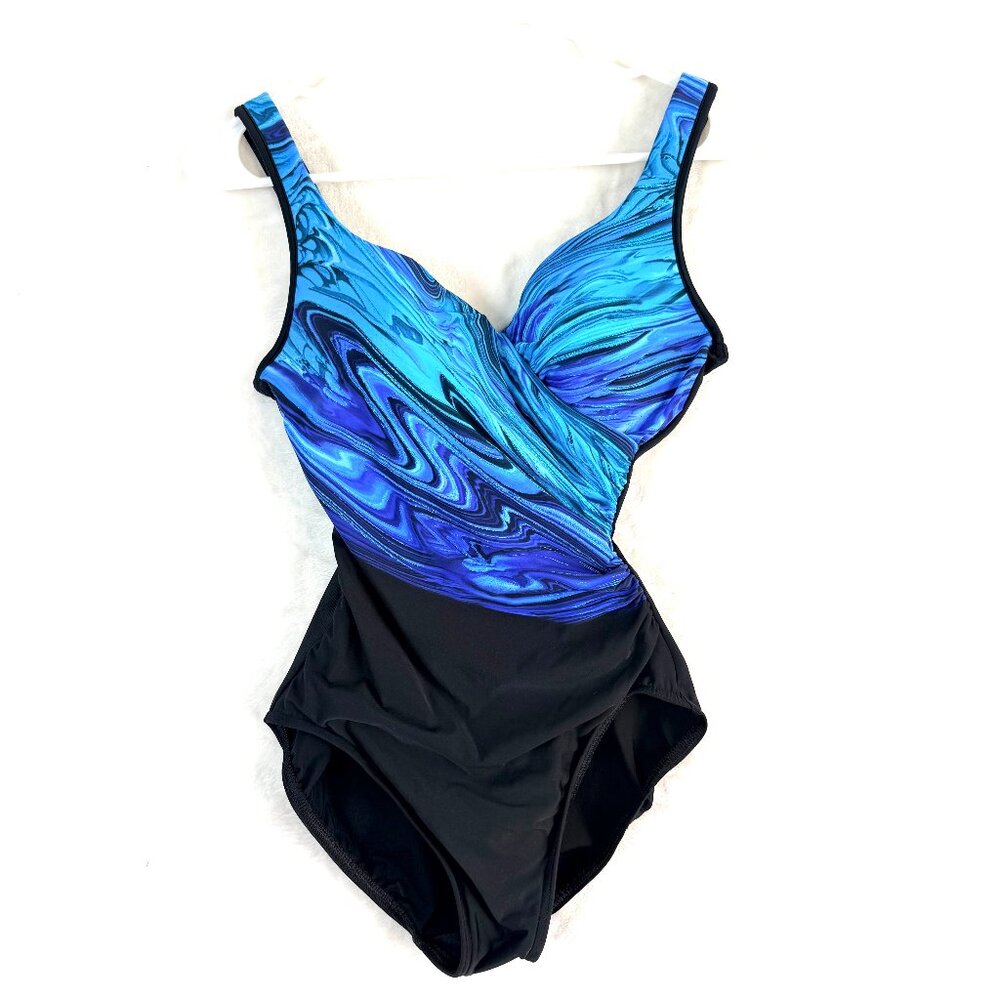 MIRACLESUIT Pointe It's A Wrap One Piece Swimsuit Womens 8 Black Blue L66727